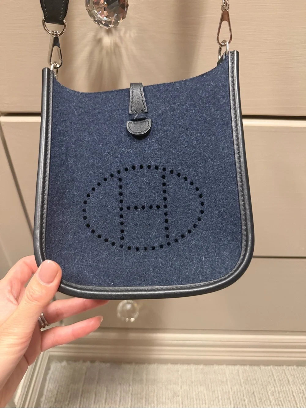 Evelyne 16- navy blue felt with black leather trim
